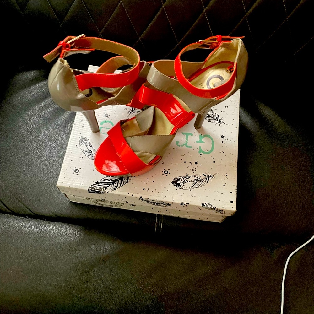 Guess orange and tan platform heels.